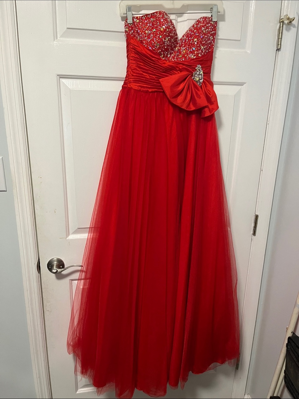 Mac Duggal Red Crystal-Embellished Strapless Prom Gown